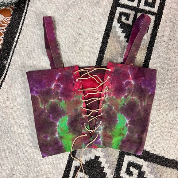 Lace Up Corset Style Reversible Handmade Tie Dye Purple Green Festival Crop Top - Picture 2 of 6